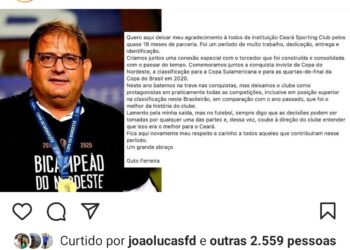 Pelas redes sociais, Guto Ferreira se despede do Vovô e ganha carinho da torcida: “Para sempre na história do Ceará!”